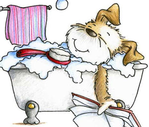 Puppy dog taking a bubble bath in claw foot tub and reading a book illustration by Sassy Cheryl.