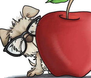 Puppy dog in reading glasses on peeking out from behind a big apple for the teacher illustration by Sassy Cheryl.