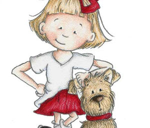 Little girl and her sweet dog posing for the camera illustration