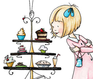 Sweet blonde haired girl in pink dress with yummy desserts illustration by Sassy Cheryl.