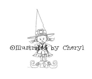 Pigtailed girl with mischievous look on her face dressed up like a witch illustration