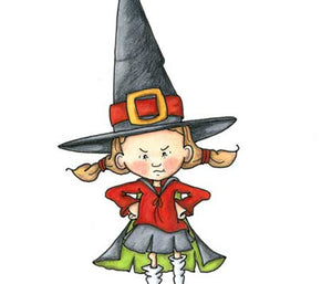 Pigtailed girl with mischievous look on her face dressed up like a witch illustration