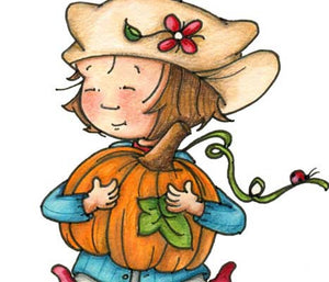 Little girl with a huge smile on her face carrying very big pumpkin illustration 