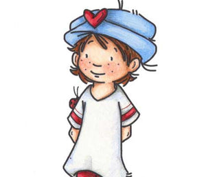 Little girl with freckles wearing an old fashioned hat with a heart on it and a ladybug on her sleeve illustration