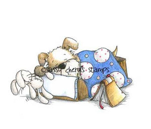 Puppy dog taking a nap in cardboard box with vintage bunny rabbit doll illustration by Sassy Cheryl.