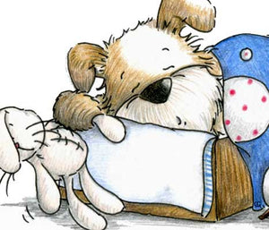 Puppy dog taking a nap in cardboard box with vintage bunny rabbit doll illustration by Sassy Cheryl.