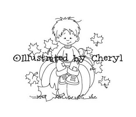 Sweet little boy sitting on oversized pumpkin with fall leaves blowing around him illustration