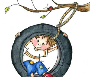 Little boy swinging in tire swing with ladybug above his head illustration