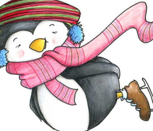 Fun and whimsical penguin ice skating illustration.