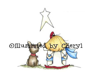Sweet little girl and her adorable puppy dog with gift for baby Jesus illustration