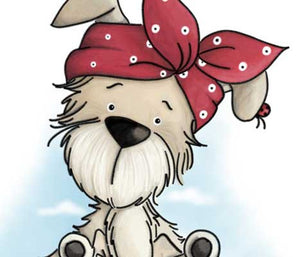 Adorably puppy with headband on illustration by Sassy Cheryl.
