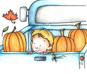 Little girl with braids riding in the back of an old pickup truck in the fall with a load of pumpkins illustration