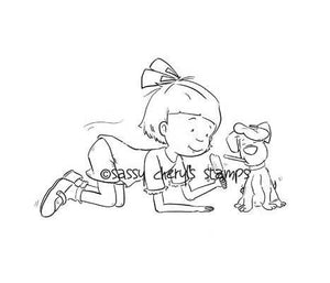 Little girl taking care of sick puppy dog digital stamp by Sassy Cheryl.