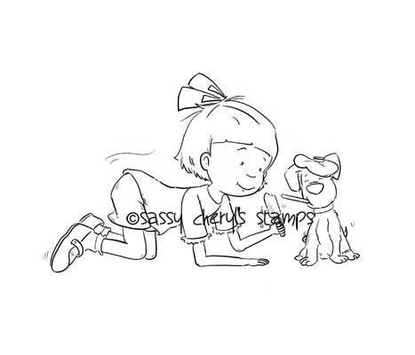 Little girl taking care of sick puppy dog illustration by Sassy Cheryl.