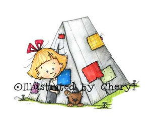 Little girl and her sweet puppy peeking out of a camping tent with patches illustration