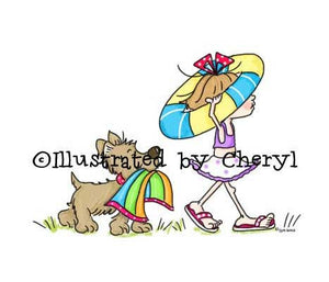 Little girl and her sweet puppy carrying their stuff to go to the beach for the day illustration