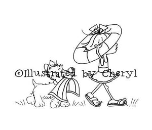 Little girl and her sweet puppy carrying their stuff to go to the beach for the day digital stamp
