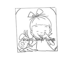 Little girl playing trick on her puppy taking a selfie digital stamp by Sassy Cheryl.