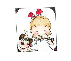 Little girl playing trick on her puppy taking a selfie illustration by Sassy Cheryl.