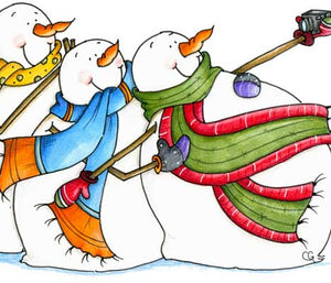 Three whimsical snowmen wearing scarves taking a selfie illustration