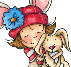 Little girl with flowered hat holding and snuggling with a bunny illustration