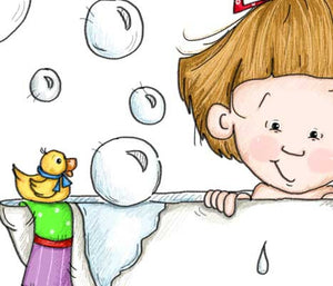 Sweet little girl in claw foot tub taking a bubble bath with her rubber duck illustration