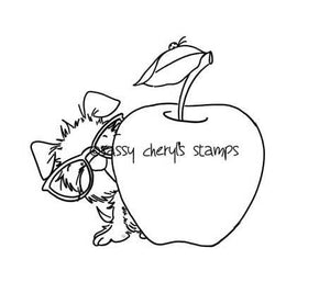Puppy dog in reading glasses on peeking out from behind a big apple for the teacher digital stamp by Sassy Cheryl.