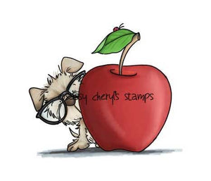 Puppy dog in reading glasses on peeking out from behind a big apple for the teacher illustration by Sassy Cheryl.