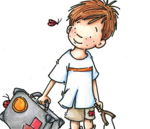 Freckled face little boy carrying a suitcase being followed by a ladybug illustration