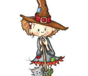 Mischievous little girl dressed up like a witch and her sneaky cat at Halloween illustration