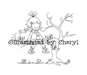 Little girl sitting out on tree limb chatting with whimsical little birds digital stamp