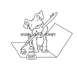 Puppy dog writing love letter with ink well and pen in mouth digital stamp by Sassy Cheryl.