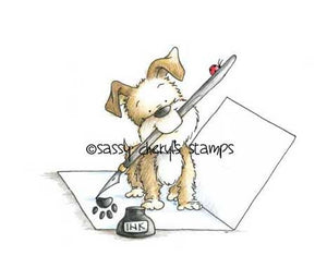 Puppy dog writing love letter with ink well and pen in mouth illustration by Sassy Cheryl.