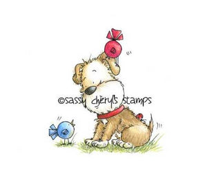 Puppy talking to little birds with one on his head illustration by Sassy Cheryl.